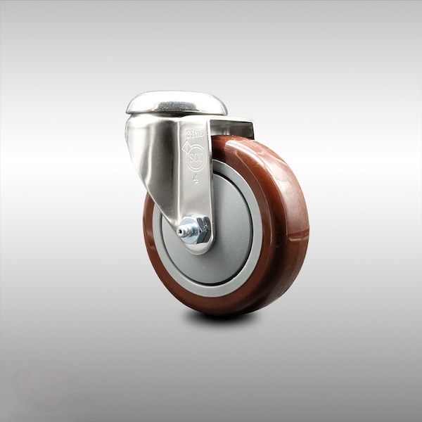 4 Inch 316SS Maroon Polyurethane Wheel Swivel Bolt Hole Caster